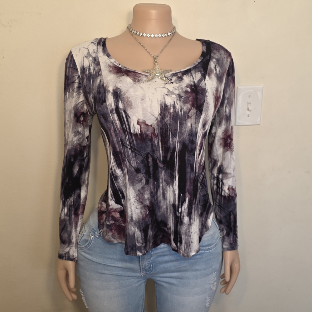 Simply Vera Vera Wang Purple, Black & White Abstract Long Sleeve Top